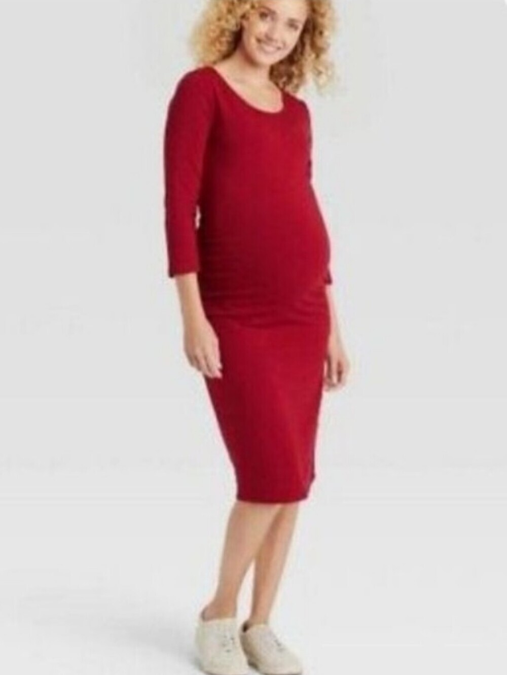 Liz Lange Rust Brick Red 3/4 Sleeve Ruched Tee Shirt Maternity Dress Size Medium